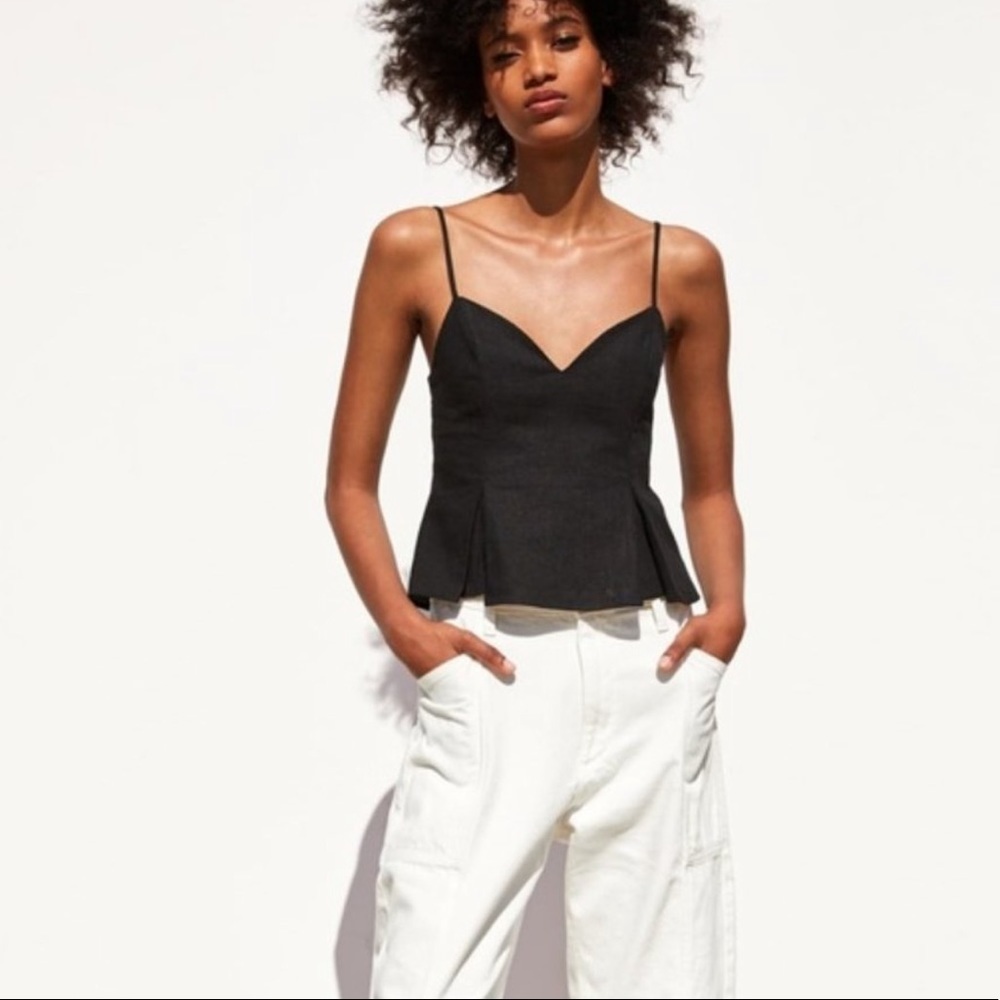 Zara Linen V Neck Black Rust Top with Straps
